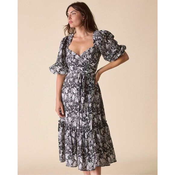 St. Roche NWT Romaine Wrap Dress in Black/White Mushroom Pattern Size 8 - Picture 2 of 5